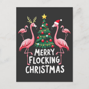 Merry Flocking Christmas Xmas Flamingo Tree Postcard