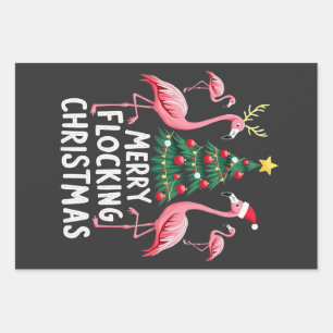 Merry Flocking Christmas Xmas Flamingo Tree Wrapping Paper Sheet