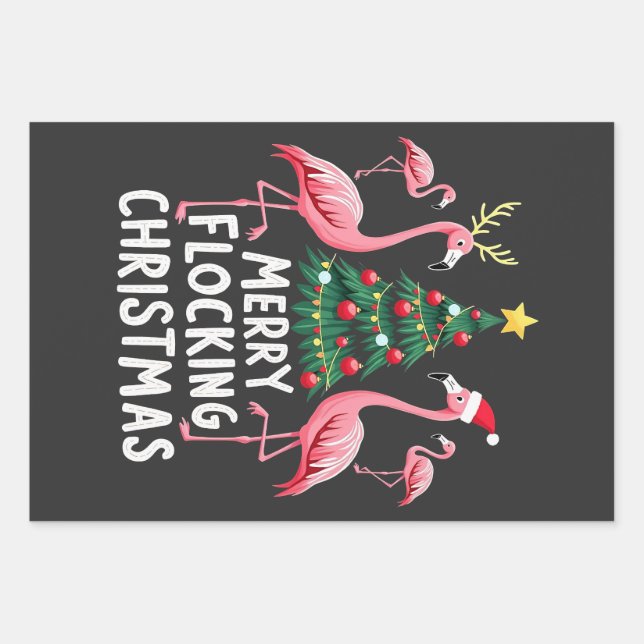 Merry Flocking Christmas Xmas Flamingo Tree Wrapping Paper Sheet (Front)