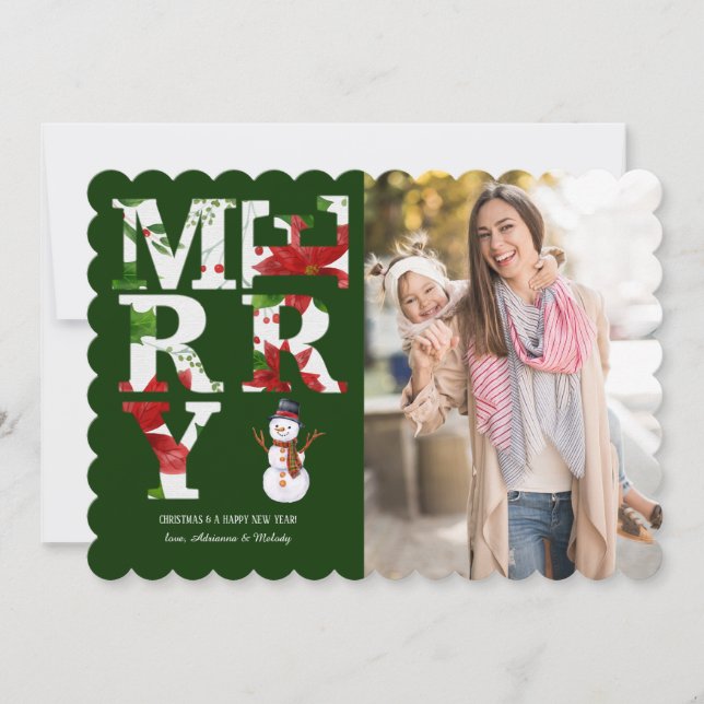 Merry Floral Photo Holiday Card (Front)