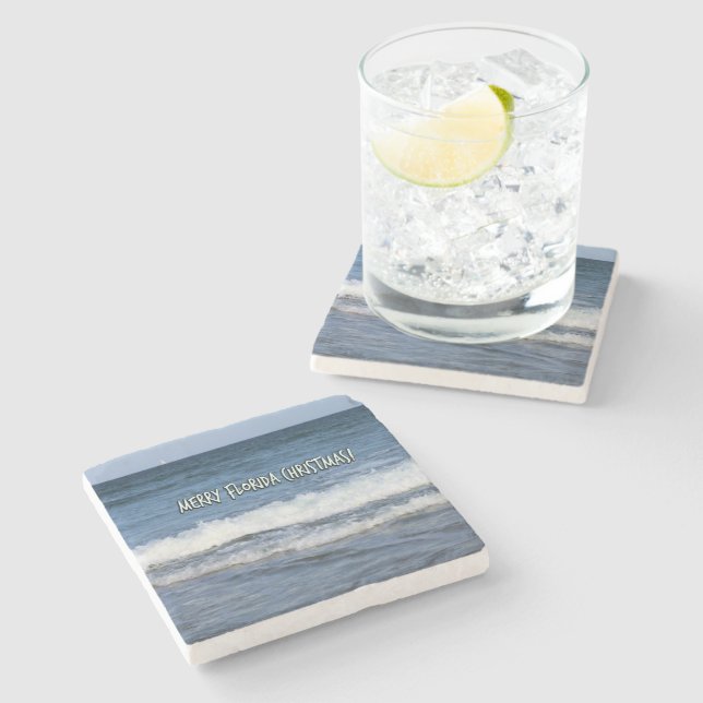 Merry Florida Christmas Ocean's Deep Blue Backdrop Stone Coaster (Side)