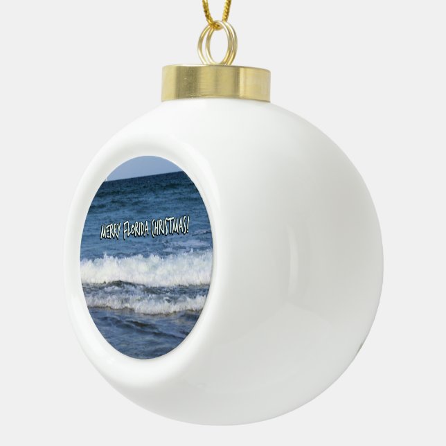 Merry Florida Christmas Oceans Waves Whitewash Ceramic Ball Christmas Ornament (Right)
