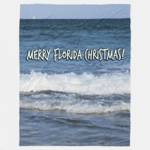 Merry Florida Christmas Over The Ocean White Font Fleece Blanket