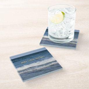 Merry Florida Christmas Over The Ocean White Font Glass Coaster