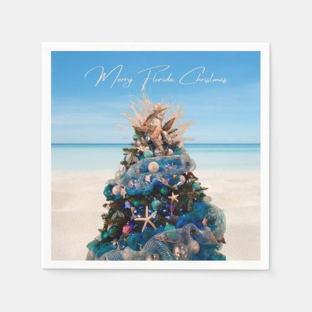 Merry Florida Christmas Tropical Beach and Tree Napkin (Front)