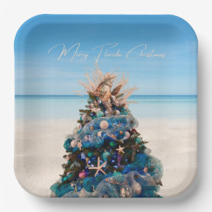 Merry Florida Christmas Tropical Beach and Tree Paper Plate