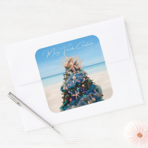 Merry Florida Christmas Tropical Beach and Tree Square Sticker