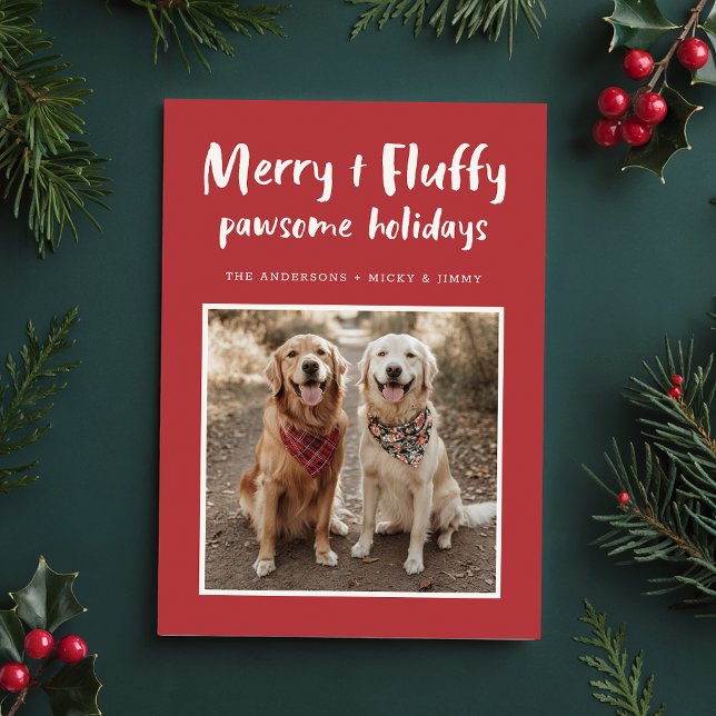 Merry Fluffy Golden Retriever Dog Photo Christmas Holiday Card (Creator Uploaded)