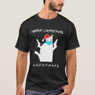 Merry Friendsmas   Cat With Santa Hat And Mask T-Shirt
