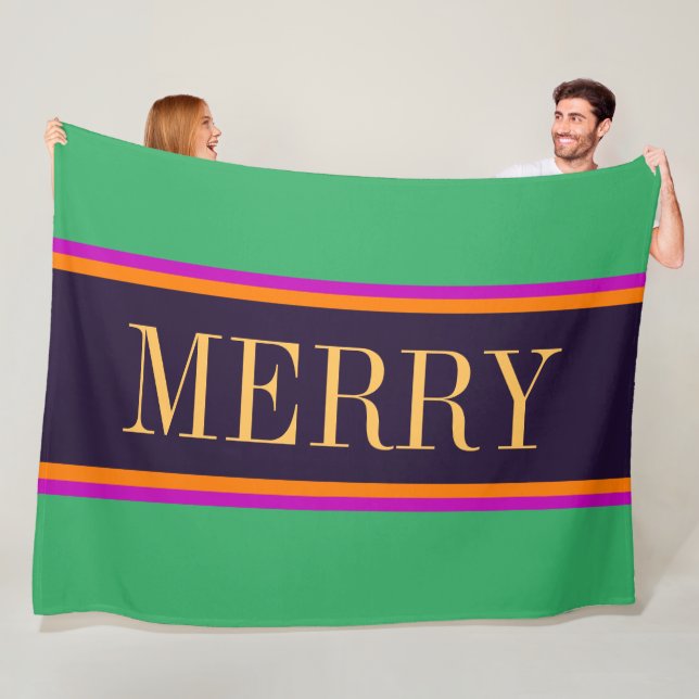 MERRY Fun Bright Mint Green Pink Black Stripes Fleece Blanket (In Situ)