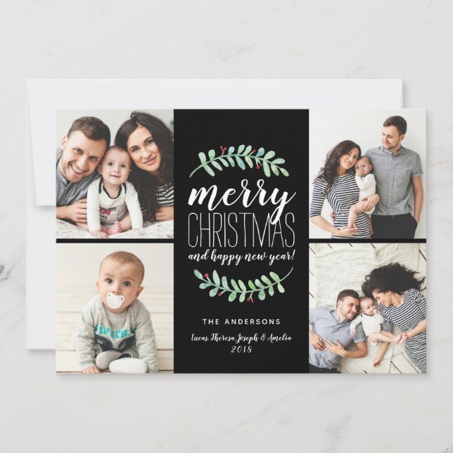 Merry Garland Holiday 4 Photo Collage Card (Front)