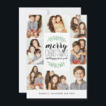 Merry Garland Holiday 8-Photo Collage Christmas<br><div class="desc">Stylish and festive Holiday photo card that features stacked typography that reads: "Merry Christmas and happy new year."  Personalise with your own photos and text.
Featuring our exclusive hand painted watercolor laurels with red berries. Comes with a trendy red geo pattern on the back for an extra special touch.</div>