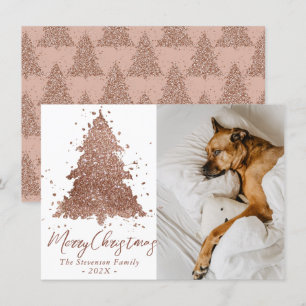 Merry Glam Photo   Copper Rose Gold Christmas Tree Holiday Card