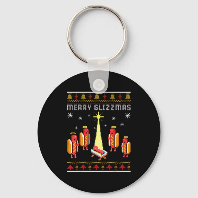 Merry Glizzmas Hot Dog Funny Ugly Christmas Sweate Key Ring (Front)