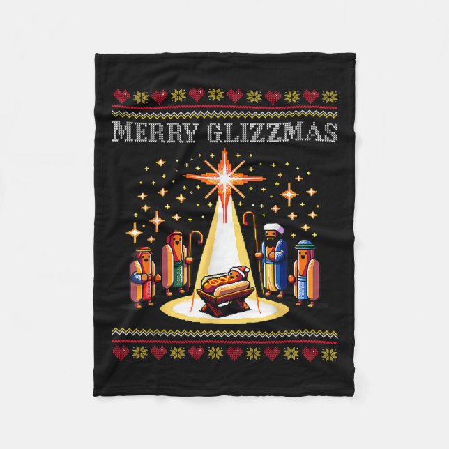 Merry Glizzmas Tacky Funny Merry Christmas Hot Dog Fleece Blanket (Front)
