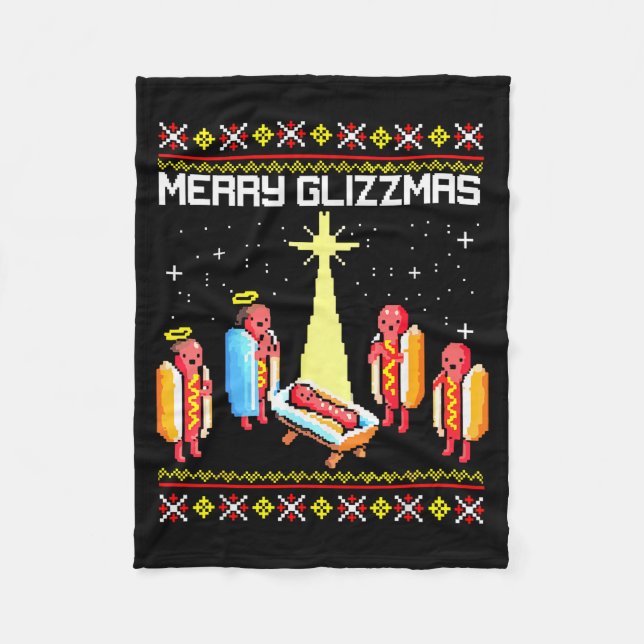 Merry Glizzmas Tacky Funny Merry Christmas Hotdogs Fleece Blanket (Front)