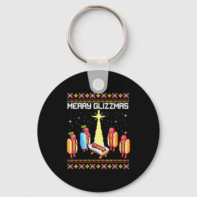 Merry Glizzmas Tacky Funny Merry Christmas Hotdogs Key Ring (Front)