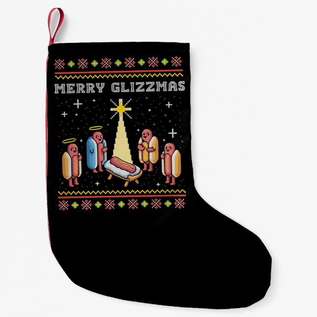 Merry Glizzmas Ugly Christmas Hot Dog Xmas Small Christmas Stocking (Front)