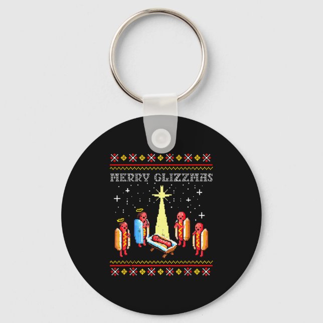 Merry Glizzmas Ugly Christmas Sweater Funny Hot Do Key Ring (Front)