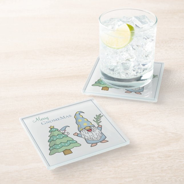 Merry GnomeMas Christmas Tree Gnome Holiday  Glass Coaster (Angled)