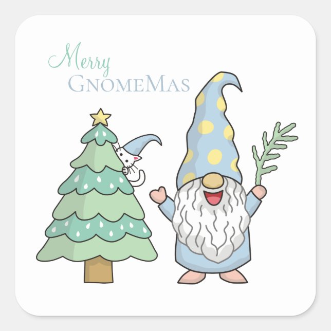 Merry GnomeMas Christmas Tree Gnome Holiday Square Sticker (Front)