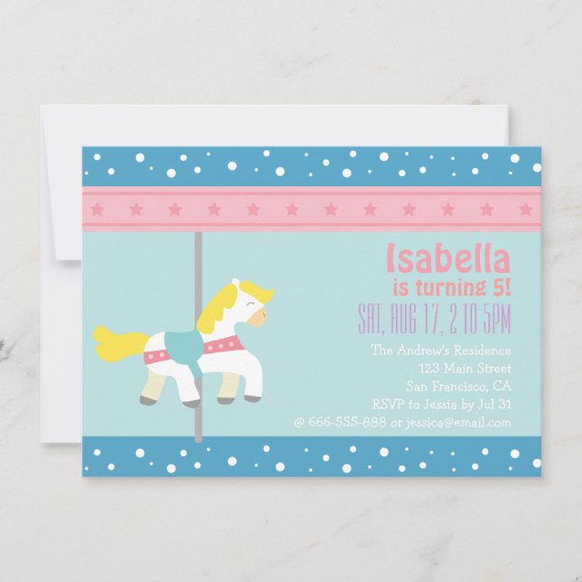 Merry Go Round, Girl Carousel Birthday Party Invitation (Front)