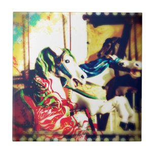 Merry-Go-Round Horses Summer Flashback Digital Art Tile