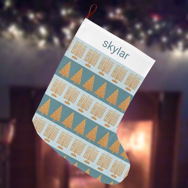 Merry Gold Blue Holiday Stripes Pattern Large Christmas Stocking (Creator Uploaded)
