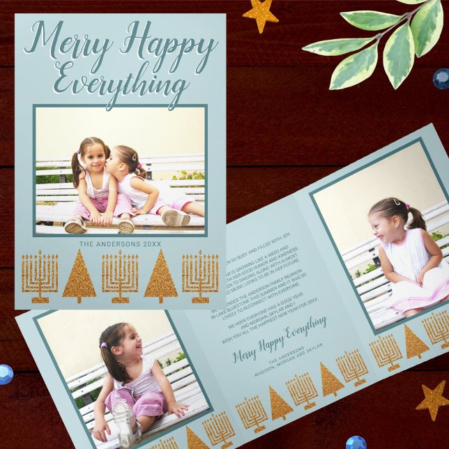 Merry Gold Blue Interfaith Elegant 3 Photo Tri-Fold Holiday Card (Merry Happy Everything interfaith tri-fold holiday cards celebrate Christmas and Hanukkah together)