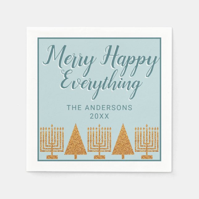 Merry Gold Blue Interfaith Party Holiday Napkin (Front)