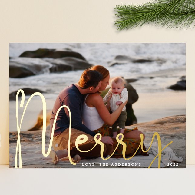 Merry Gold | Christmas Full Bleed Photo Modern Foil Holiday Card (Creator Uploaded)