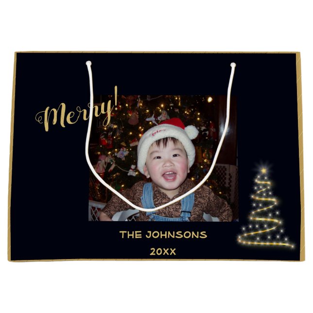 Merry! ~ Gold Christmas Tree ~ Family Photo Large Gift Bag (Front)