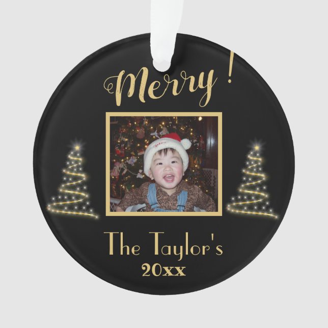 Merry!  ~ Gold Christmas Tree ~ Family Photo Ornament (Front)