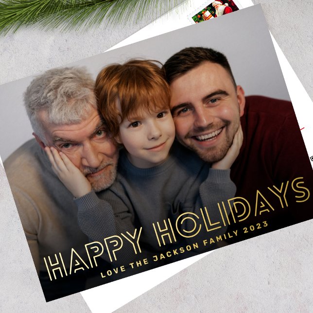 merry GOLD LINES happy holidays photo christmas Foil Holiday Postcard (Creator Uploaded)