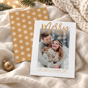 Merry Gold Script Photo with Snowflake Back Holiday Card