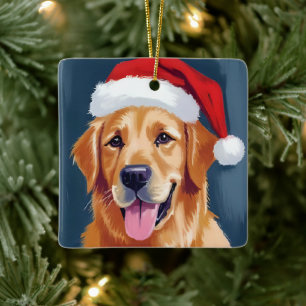 Merry Golden Retriever Santa Hat Dog Christmas Ceramic Ornament