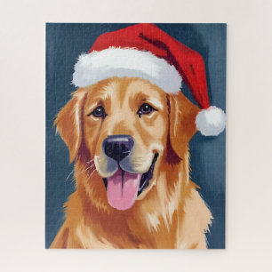 Merry Golden Retriever Santa Hat Dog Christmas Jigsaw Puzzle