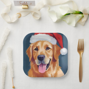 Merry Golden Retriever   Santa Hat Dog Christmas Paper Plate