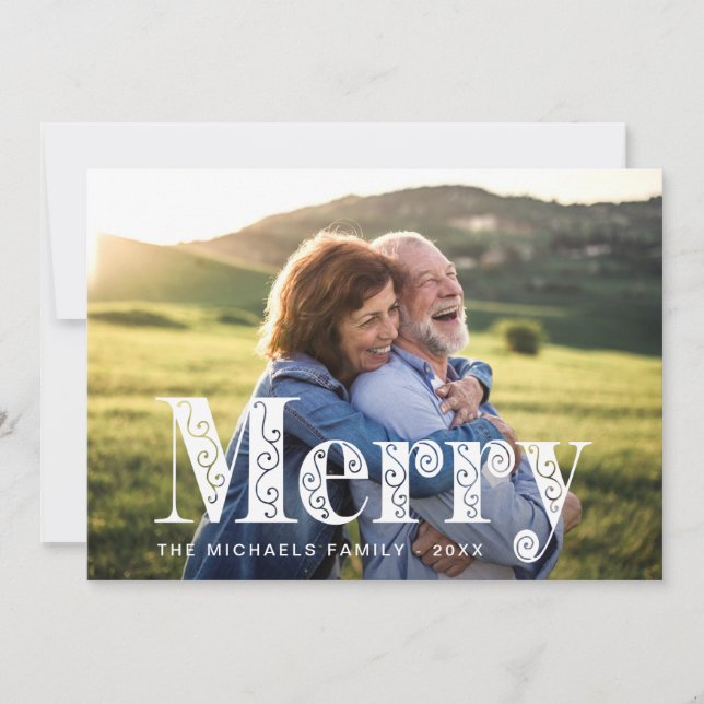Merry Golden Yellow Swirls Photo Christmas Holiday Card (Front)