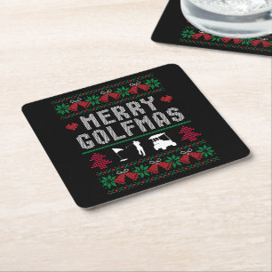 Merry Golfmas Golf Golfing Golfer Ugly Christmas Square Paper Coaster