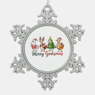 Merry Goosemas Christmas Goose Wearing Santa Hat Snowflake Pewter Christmas Ornament