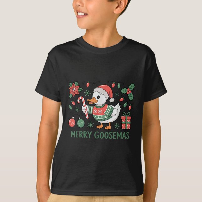Merry Goosemas Cute Christmas Goose Santa Hat Ligh T-Shirt (Front)