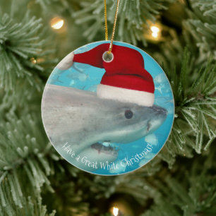 Merry Great White Christmas Shark Santa Hat Funny Ceramic Tree Decoration