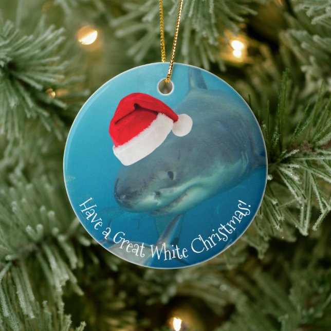 Merry Great White Christmas Shark Santa Hat Funny Ceramic Tree Decoration (Tree)