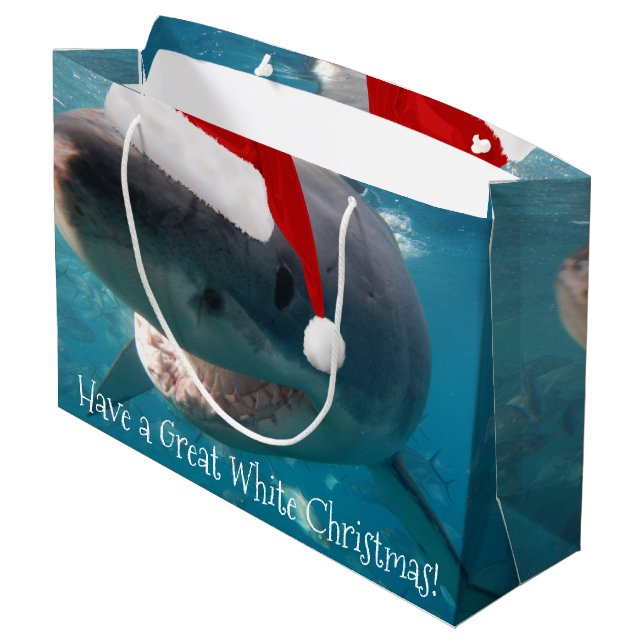 Merry Great White Christmas Shark Santa Hat Funny Large Gift Bag (Back Angled)