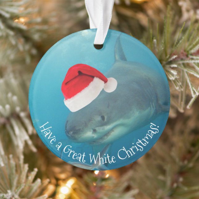 Merry Great White Christmas Shark Santa Hat Funny Ornament (Tree)