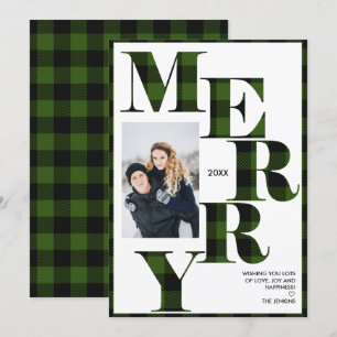 Merry Green Buffalo Plaid Vertical Photo Holiday Invitation