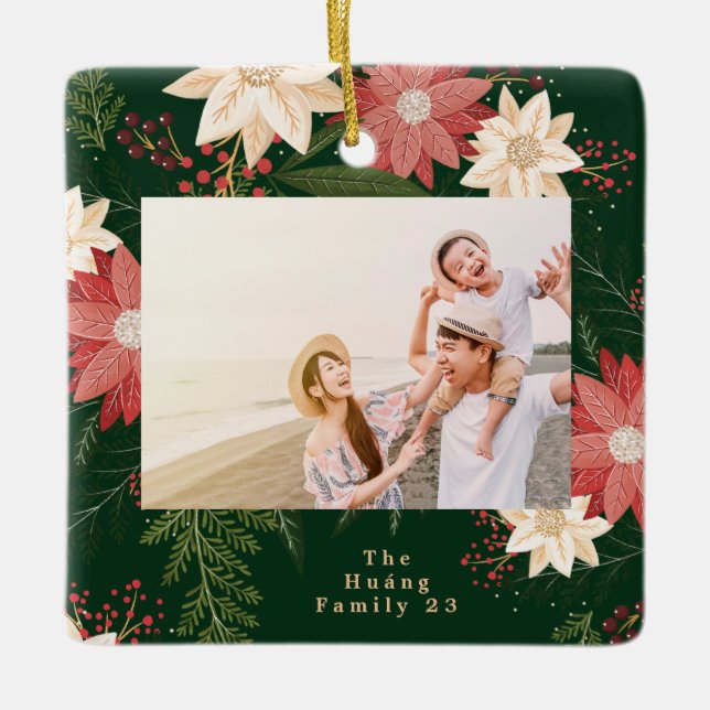 merry green christmas photo botanical frame ceramic ornament (Front)