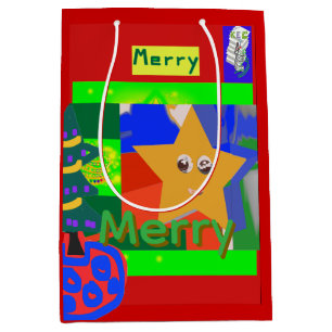 Merry Green Name on Red Christmas  Medium Gift Bag