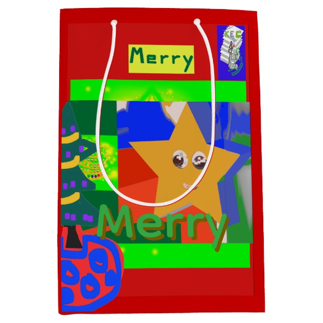 Merry Green Name on Red Christmas  Medium Gift Bag (Front)